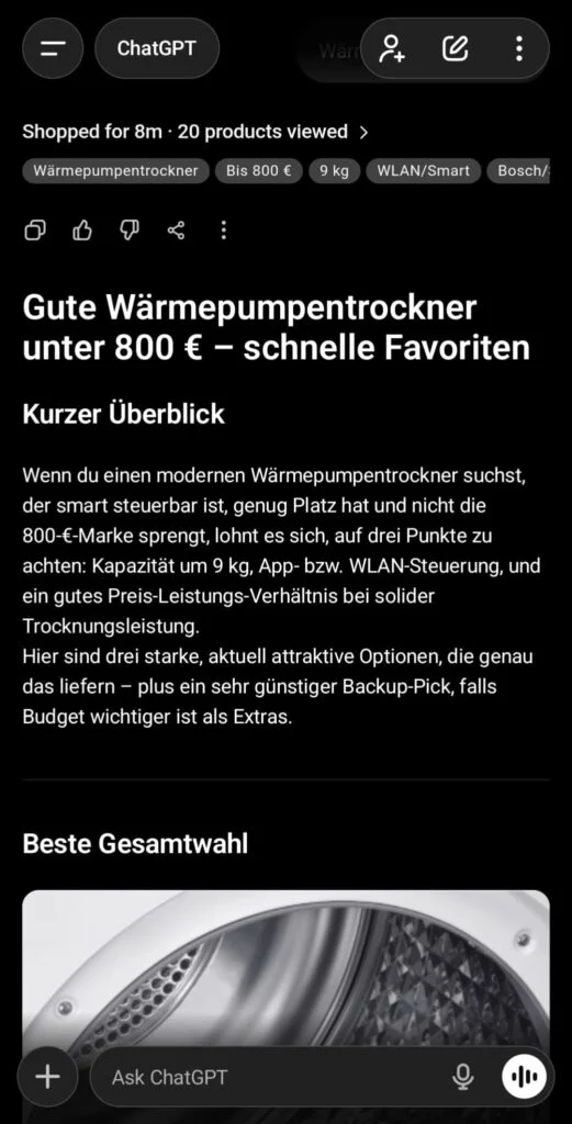 ChatGPT Shopping Funktion Endergebnis: Wärmepumpentrockner 800 euro