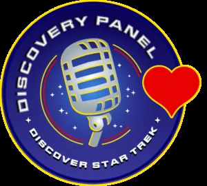Logo des Discovery Panel Podcasts, mit einem Mikrofon und Herz neben dem Schriftzug 'Discover Star Trek' auf einem dunkelblauen Hintergrund mit Sternen.