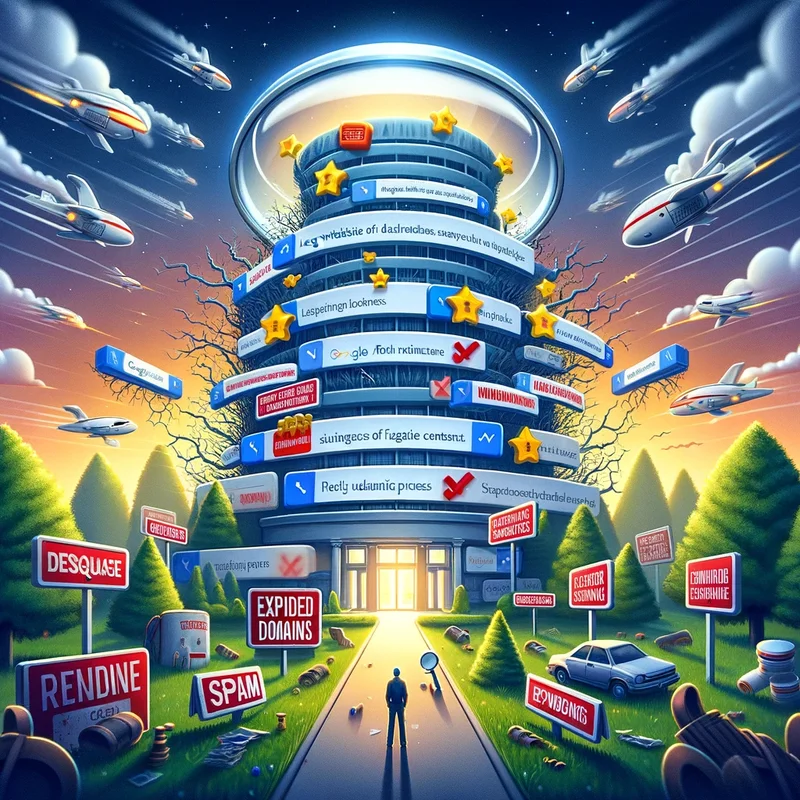 Digitale Landschaft, die den Kampf gegen den Missbrauch großer Websites und abgelaufenen Domains durch Dritte darstellt, mit Google's Maßnahmen wie digitalen Barrieren und einer Lupe, die spammy Praktiken abwehrt, um die Qualität und Vertrauenswürdigkeit der Suchergebnisse zu schützen.