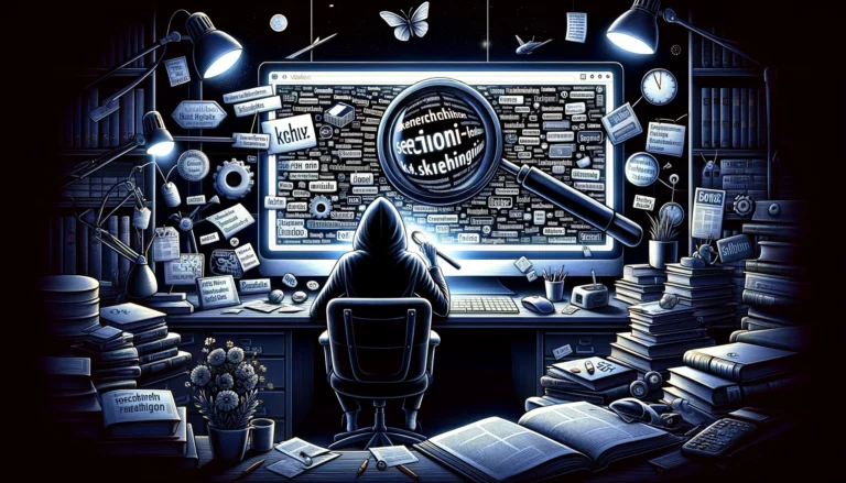 Person untersucht mit Lupe K.I.-generierte Inhalte auf Computerbildschirm im nächtlichen Büro, umgeben von Büchern und Notizen über K.I. und SEO.