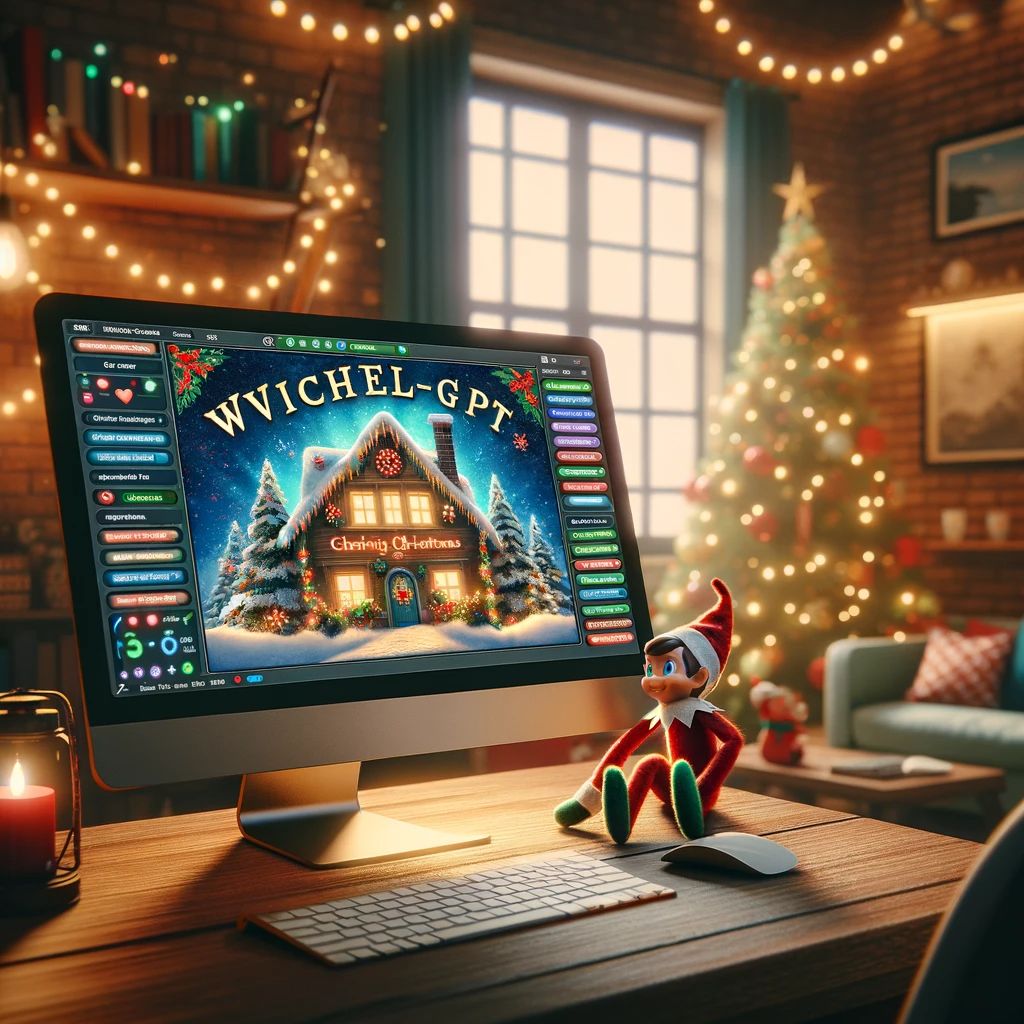 Ein festlich dekorierter Arbeitsplatz zu Weihnachten mit einem Computerbildschirm, auf dem die Benutzeroberfläche des 'Wichtel-GPT', ein Elfengeschichten-Textgenerator, angezeigt wird. Eine Wichtelfigur sitzt daneben auf dem Schreibtisch, im Hintergrund ist ein geschmückter Weihnachtsbaum sichtbar.