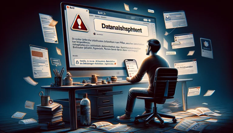 Mann sitzt vor einem Computer mit einem großen Bildschirm, auf dem kryptische Texte und Warnschilder angezeigt werden. Um ihn herum sind Zettel mit unleserlichem Text an die Wand gepinnt. Der Schreibtisch ist unordentlich, mit Büchern, einer Kaffeetasse und einer Flasche Wasser darauf.