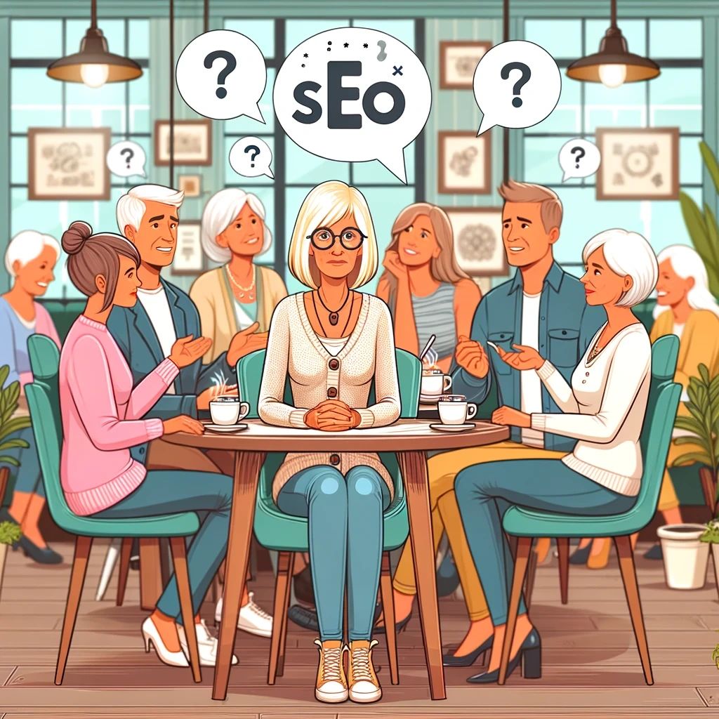 Eine blonde, ältere Frau sitzt mit Freunden an einem Kaffeetisch in einer gemütlichen Caféumgebung. Sie schaut nachdenklich, während über ihrem Kopf mehrere Fragezeichen und das Wort "SEO" in Sprechblasen schweben, was ihre Verwirrung über die Erklärung des Berufs ihres Sohnes als Senior SEO Manager darstellt.