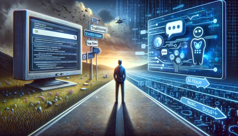 Ein breitformatiges Bild, das eine metaphorische Darstellung des Übergangs von traditionellen Suchmethoden zu modernen KI-basierten Technologien zeigt. Im Zentrum des Bildes steht eine Person an einer Weggabelung. Links von der Person befindet sich ein Pfad, der durch einen großen, veralteten Computermonitor symbolisiert wird, auf dem eine Suchleiste zu sehen ist. Dieser Weg steht für die traditionelle Nutzung von Suchmaschinen. Der rechte Pfad wird durch eine moderne, futuristische Benutzeroberfläche dargestellt, die mit Gesprächsblasen und Symbolen für künstliche Intelligenz verziert ist, was auf die Nutzung von Technologien wie ChatGPT hinweist. Die Person blickt nachdenklich in Richtung des KI-Pfades, was eine Vorliebe für diese neue Art der Informationssuche andeutet. Die Szene spielt sich in einer digitalen Landschaft ab, in der Bits und Bytes in der Luft schweben und der Horizont in digitale Codes übergeht, was den Übergang von alten zu neuen Methoden des Informationszugangs symbolisiert.