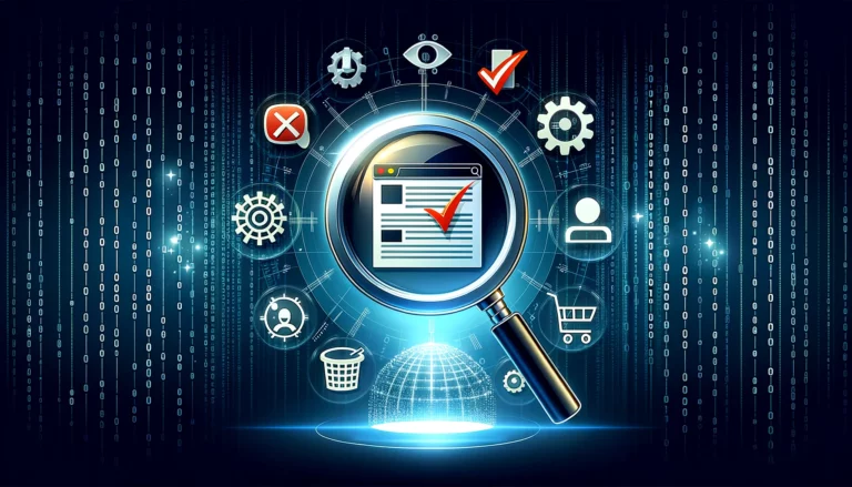 Illustration eines Suchalgorithmus-Updates mit einer Lupe, die auf qualitativ hochwertige Webseiteninhalte fokussiert ist, umgeben von Symbolen wie Zahnrädern und Kontrollkästchen, die für Qualität stehen, und negativen Symbolen wie einem Kreuz und einem Mülleimer, die Spam und minderwertige Inhalte repräsentieren, vor einem Hintergrund mit binärem Code, der digitale Transformation und Verbesserung darstellt.