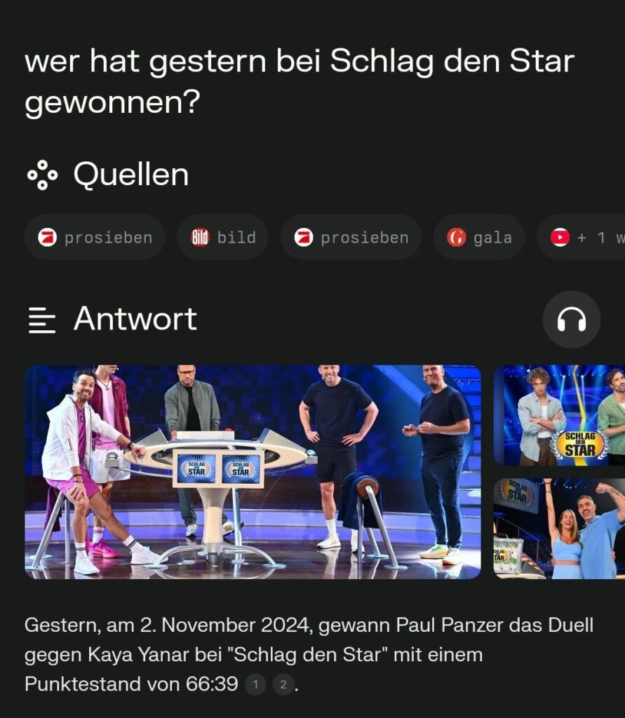 Google-Ergebnis mit verschiedenen Quellen zur Frage "wer hat gestern bei Schlag den Star gewonnen" und einer Antwort, die besagt, dass Paul Panzer am 2. November 2024 gegen Kaya Yanar gewann. Ein Bild zeigt beide Kandidaten und Moderatoren bei der Show.