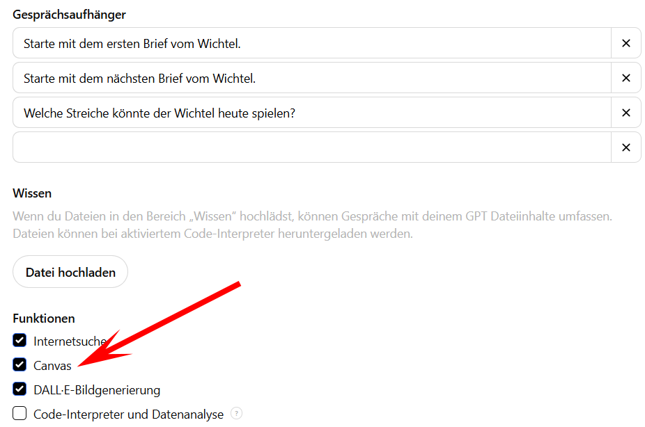 custom gpts canvas aktivierung