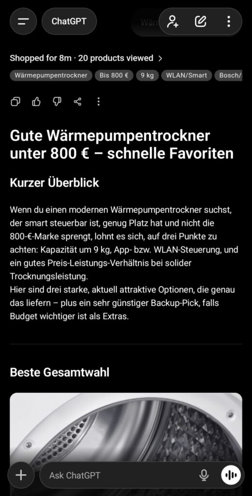 ChatGPT Shopping Funktion Endergebnis: Wärmepumpentrockner 800 euro
