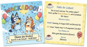 Einladungskarte zur Einschulung mit tanzenden Cartoon-Hunden Bluey und Bingo