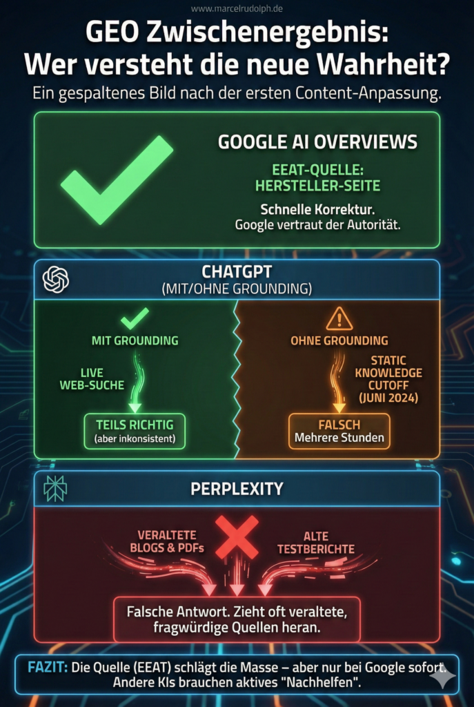 Infografik zum Prozess der Generative Engine Optimization (GEO). Die Grafik visualisiert den Ablauf: Links fließen rot markierte 'Veraltete Daten & Fehlinformationen' in einen zentralen GEO-Knotenpunkt. Von dort führen Verbindungen zu den KI-Systemen Google, ChatGPT und Perplexity. Das Ergebnis auf der rechten Seite sind grün markierte, korrigierte KI-Antworten. Unterschrift: Praxis-Case: Korrektur einer KI-Falschinformation.