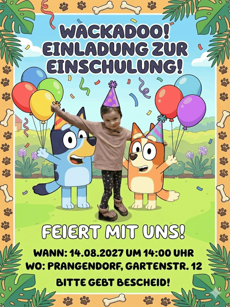 Einschulungseinladung mit Foto eines Kindes zwischen Bluey und Bingo