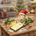 Aquarell-Illustration eines Weihnachtswichtels, der auf einem Holztisch vor einem leuchtenden Smartphone sitzt, das einen digitalen Brief zeigt. Die Szene ist weihnachtlich dekoriert. Der Text auf dem Bild lautet: 'Wichtelbriefe: Jetzt auch als Google Gem! Das Update für die magischste Adventszeit. Tägliche Briefe, kreative Bilder & neue Power durch das Gem-Upgrade. Noch smarter & einfacher!