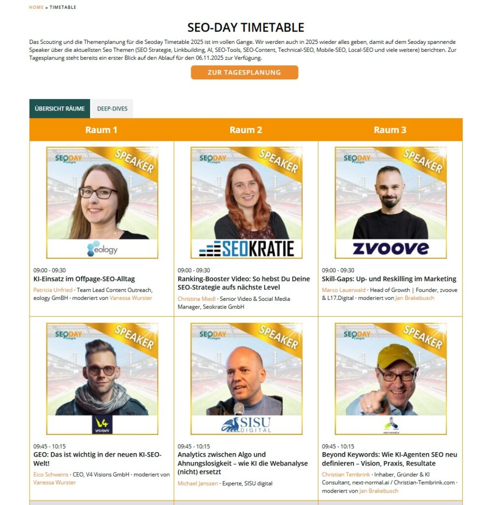 SEO ist tot? Lang lebe GEO! Mein Kopf qualmt – Mein SEO Day 2025 Recap 1 www.seo day.de timetable klein