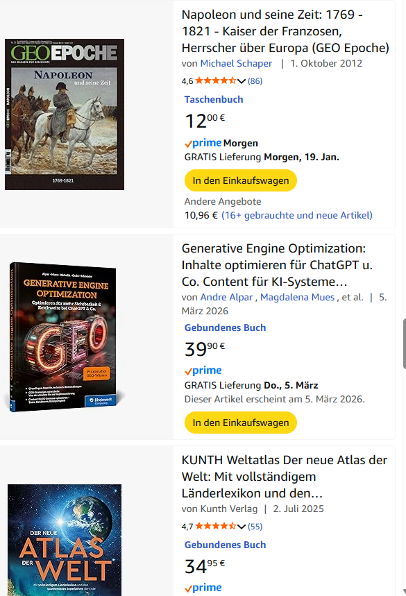 Amazon-Suchergebnisse für Fachbücher zu Napoleon, GEO und einem Weltatlas.